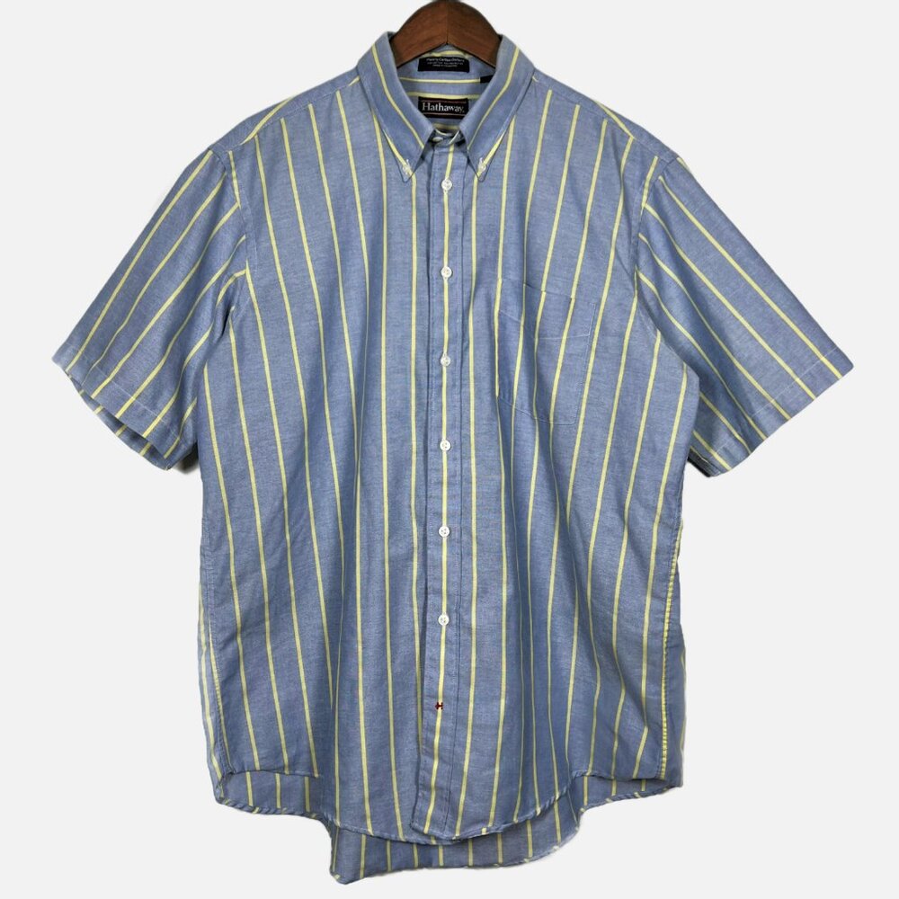 Hathaway Vintage Oxford Men's 17 SS Blue Yellow Striped Short Sleeve Button Down